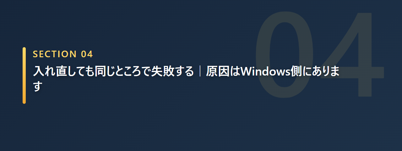 入れ直しても同じところで失敗する原因がWindows側にあると説明する章の見出し画像