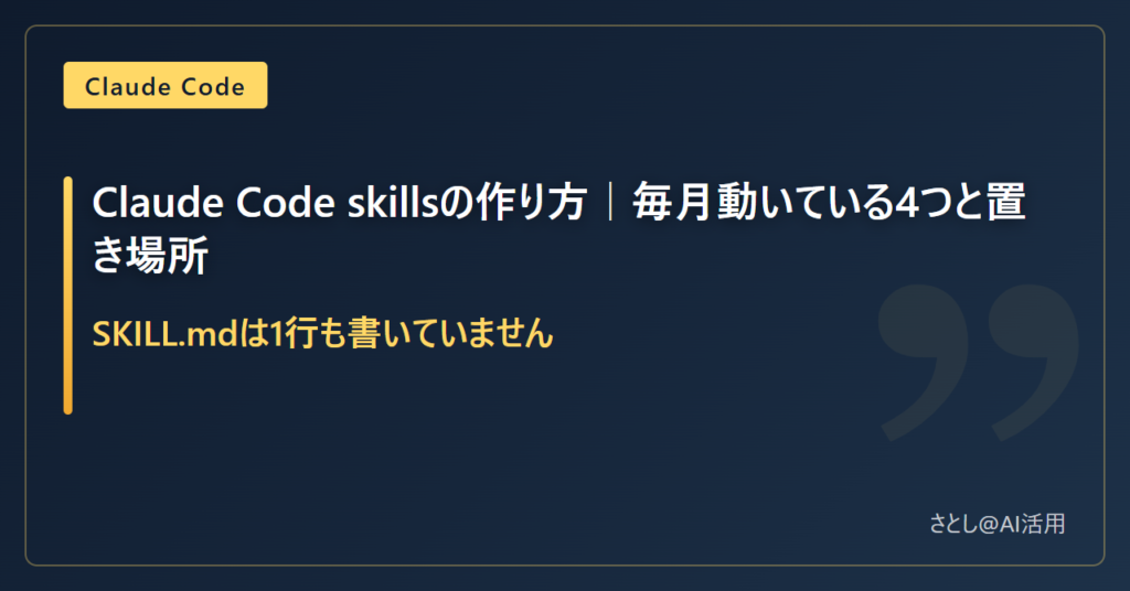 Claude Code skillsの作り方を解説する記事のアイキャッチ。毎月動いている4つのskillと置き場所を扱う