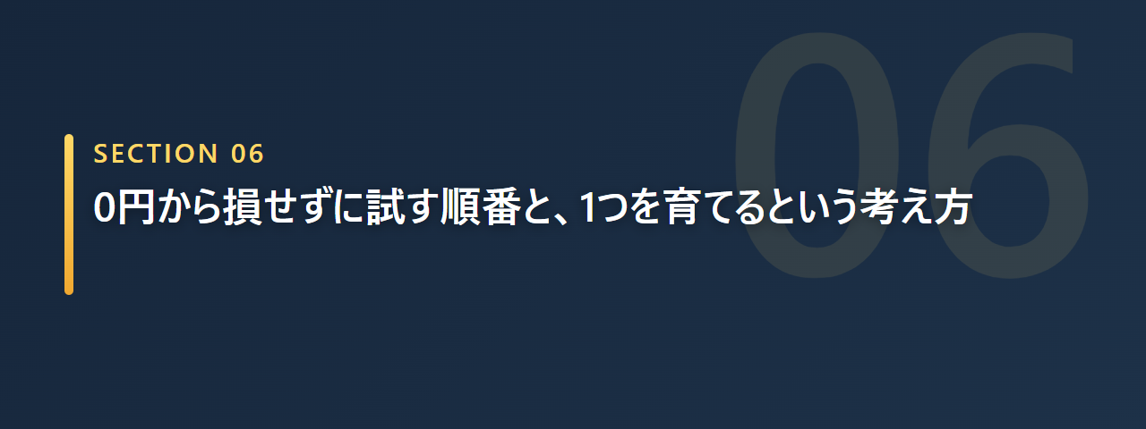 0円から損せずに試す順番と1つを育てる考え方を示す章の見出し画像