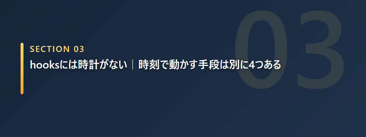 hooksは時刻で動かず時刻で動かす手段は別にあると示す章の見出し画像