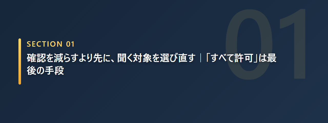 確認を減らす前にallow・ask・denyで聞く対象を選び直すと示す章の見出し画像